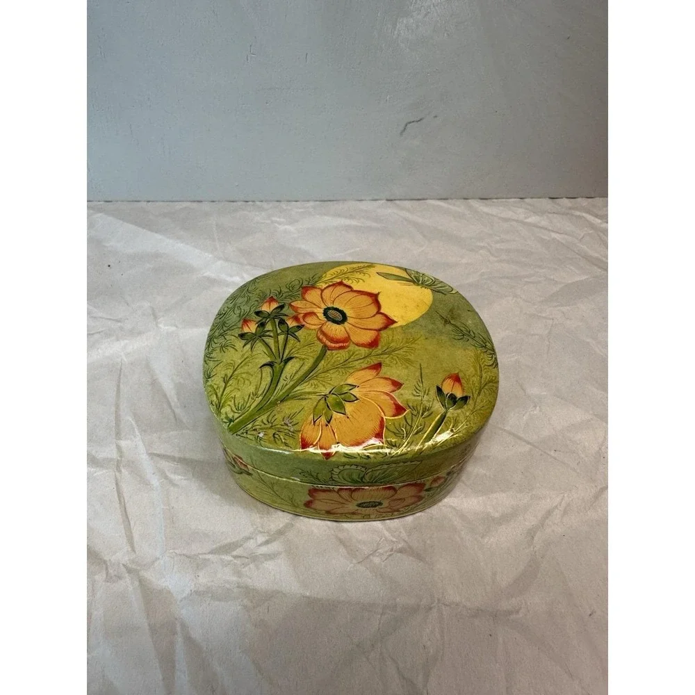 vintage green and peach floral FETCO kashmir india paper mache trinket box